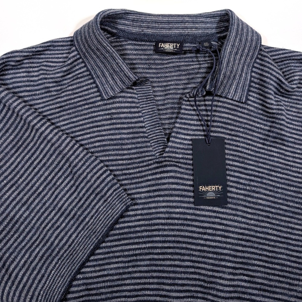 Faherty Reserve SS Linen Sweater Polo Cayman Navy Feeder Stripe MYS2513 Mens XXL